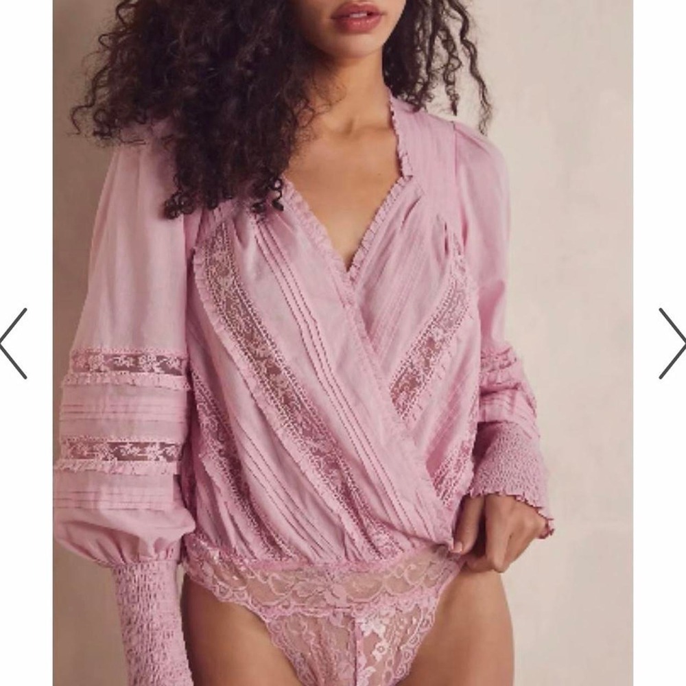 Free People Pink Smocked lace Bodysuit size XL Sage Boho Fairy Feminine Cottage